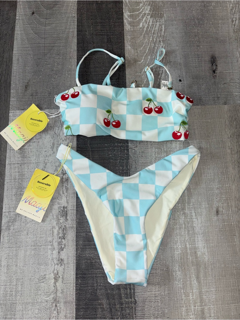 🍒NEW Maaji Bryn Light Blue Check Cherry Bandeau Bikini Set - Picture 3 of 9